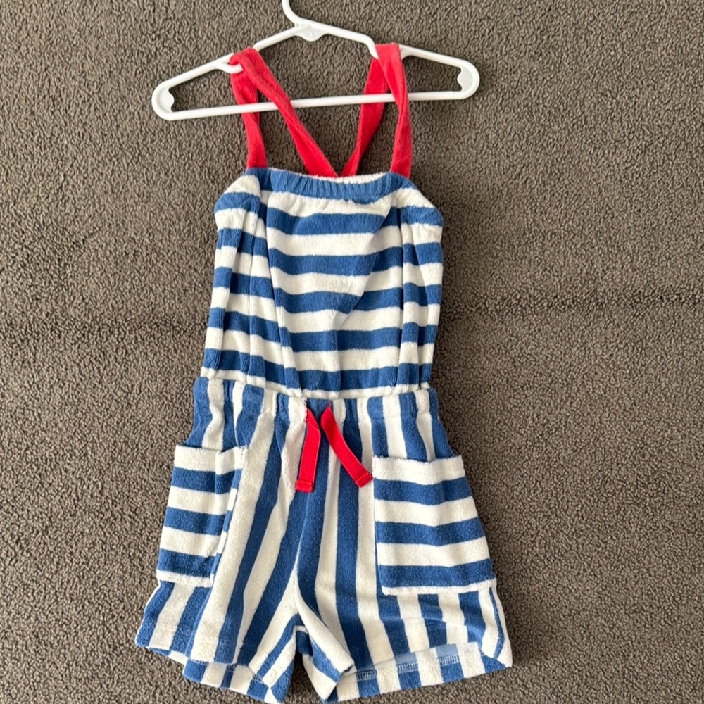 Striped Blue and White Romper with Red Accents